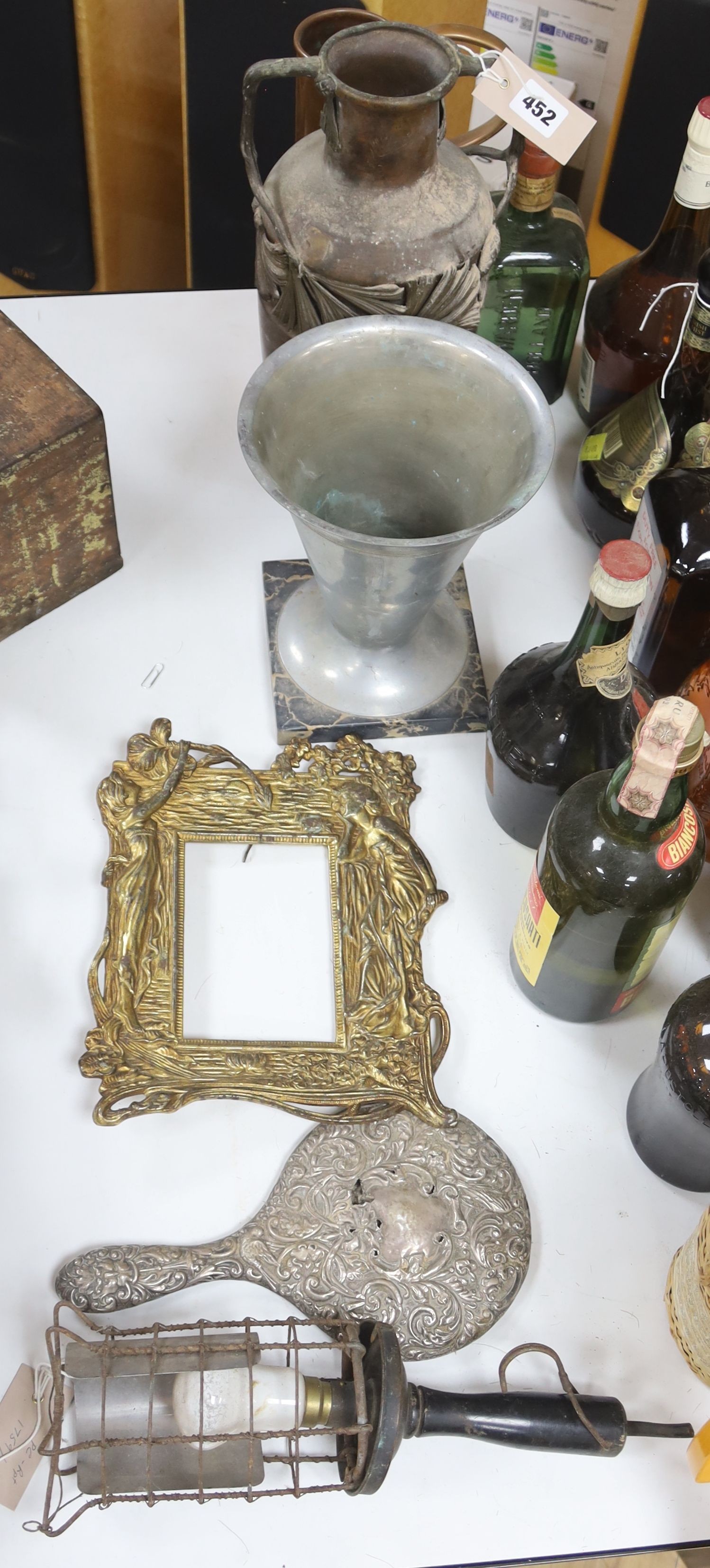 Mixed metalware including copper, an Art Nouveau style frame etc
